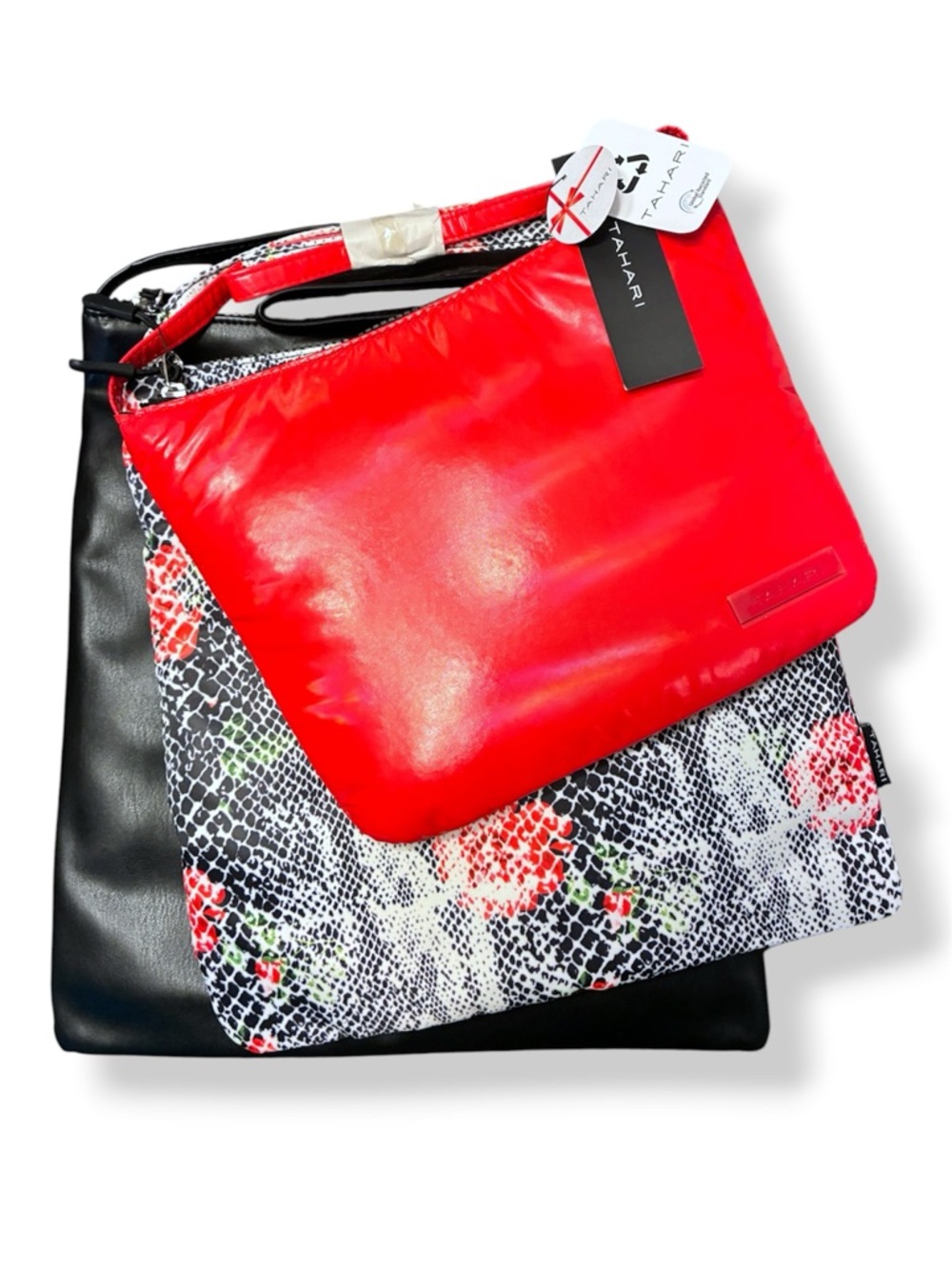 ✨ Tahari 3 Pc Pouch Set Black Snake Red Travel Crossbody Bags NWT Downtown